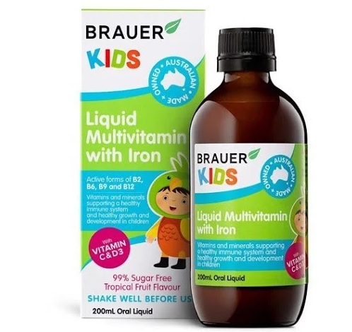 Brauer Kids Liquid Multivitamin with Iron có hương vị tự nhiên và không đường nhân tạo