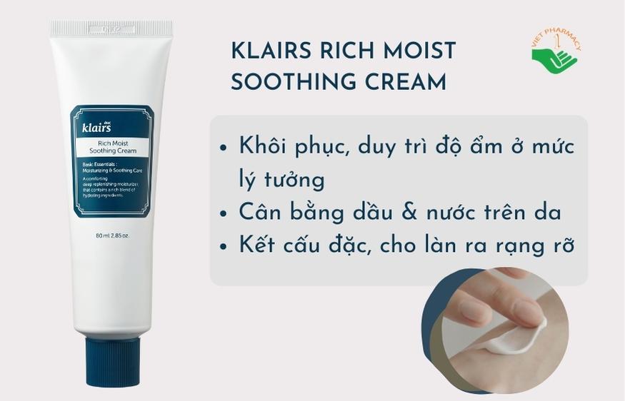 Kem dưỡng ẩm cho da khô nhạy cảm Klairs Rich Moist Soothing Cream