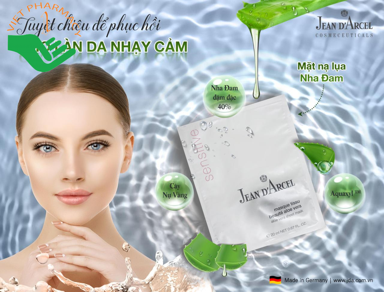 Mặt nạ lụa nha đam phục hồi da dịu nhẹ Jean Darcel Aloe Vera Sheet Mask