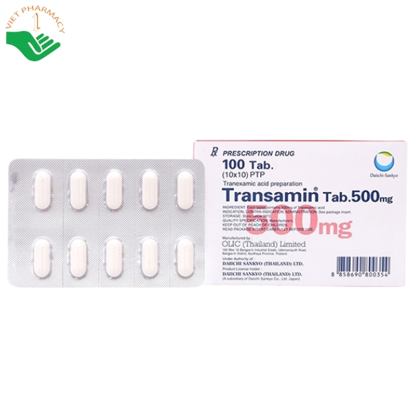 Thuốc Transamin Tab.500mg điều trị chảy máu do tăng tiêu fibrin (Hộp 10 vỉ x 10 viên)